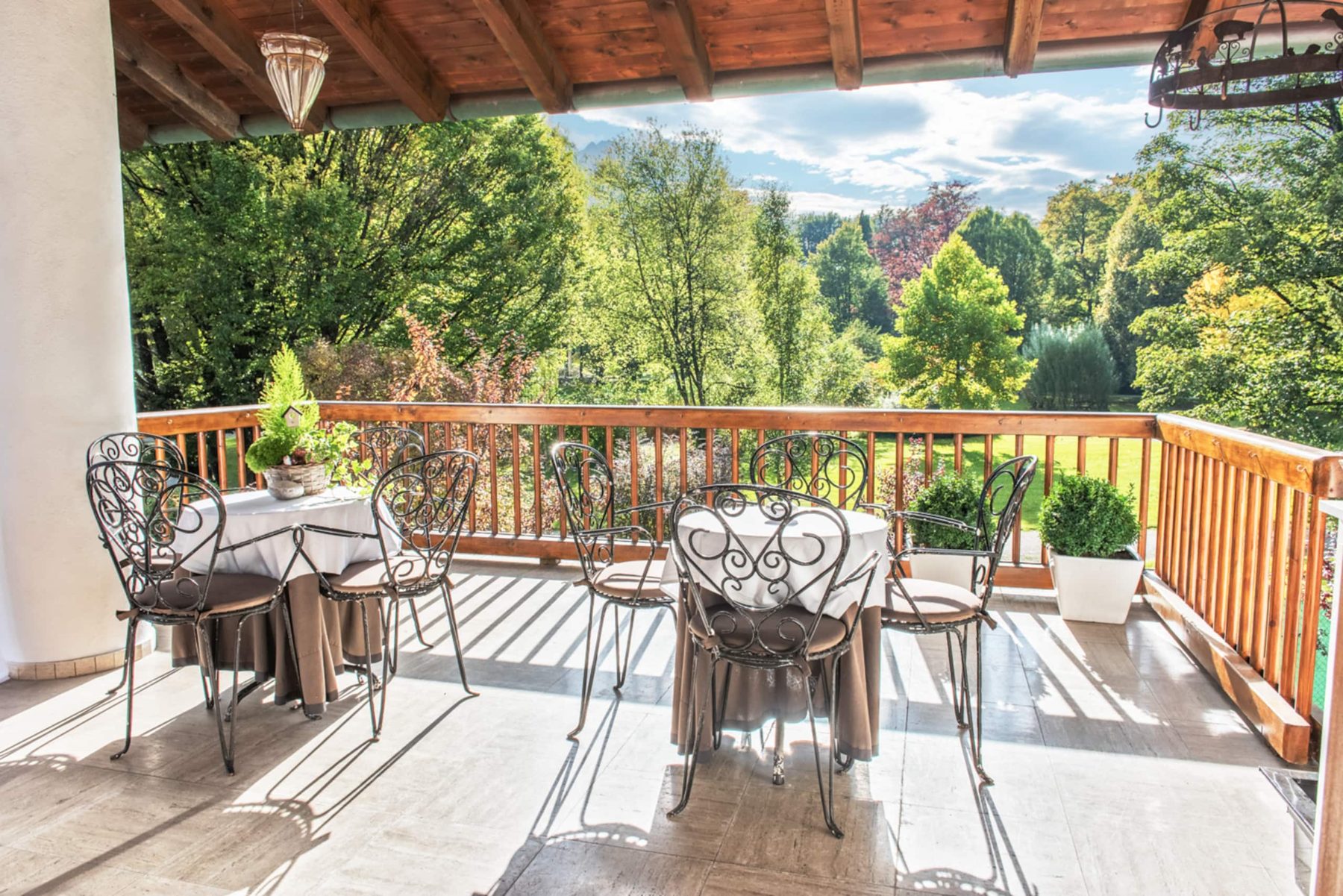 Covered balcony overlooking the park